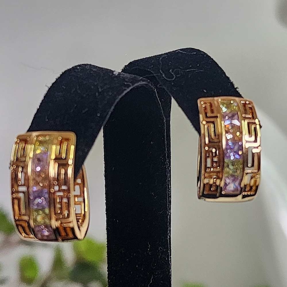 Gold Plated with Multi Color Zirconia Greek Key Hoop Earrings
